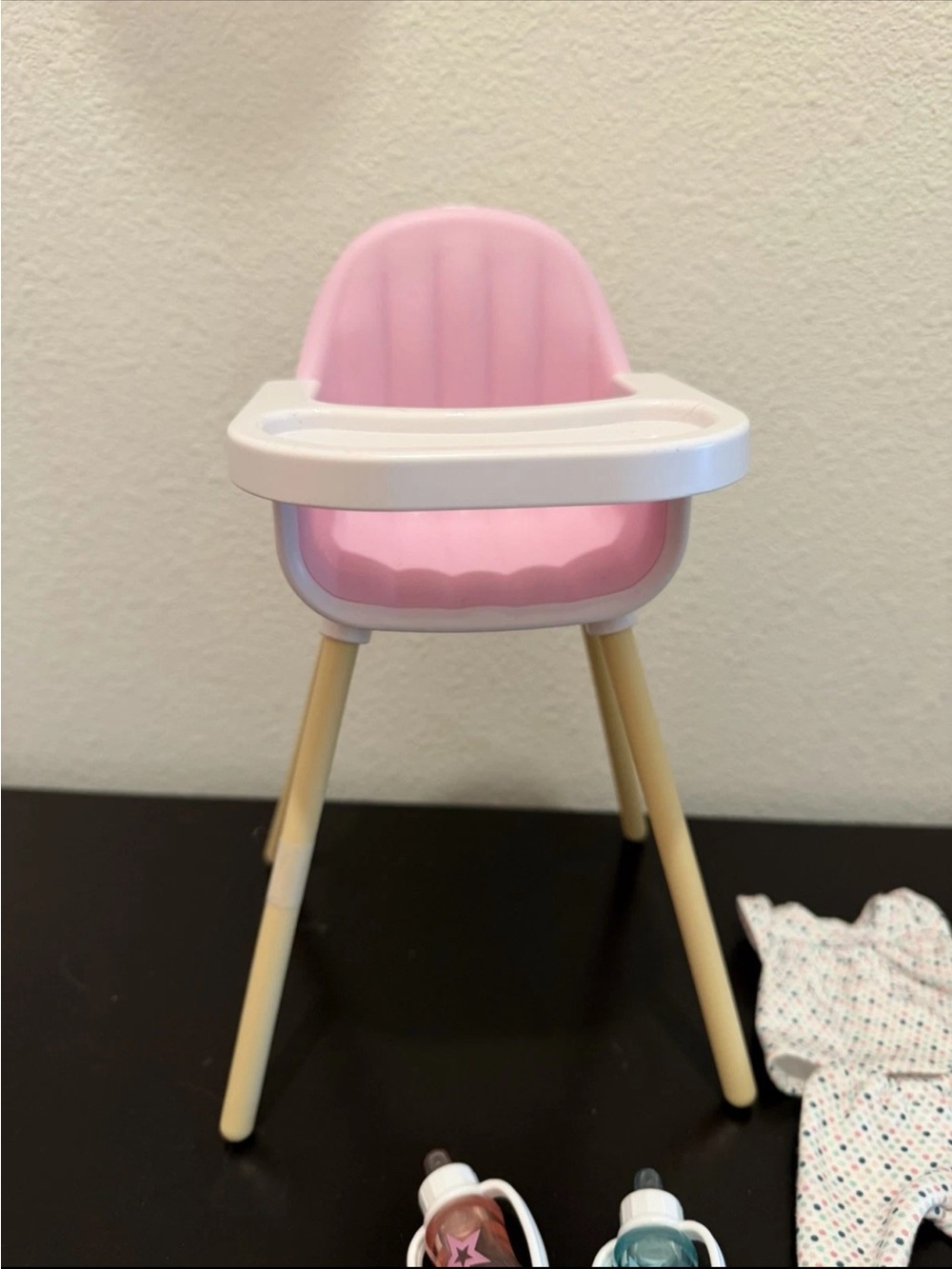 American Girl Doll caring for baby pink high chair, include bottles, bib, outfit